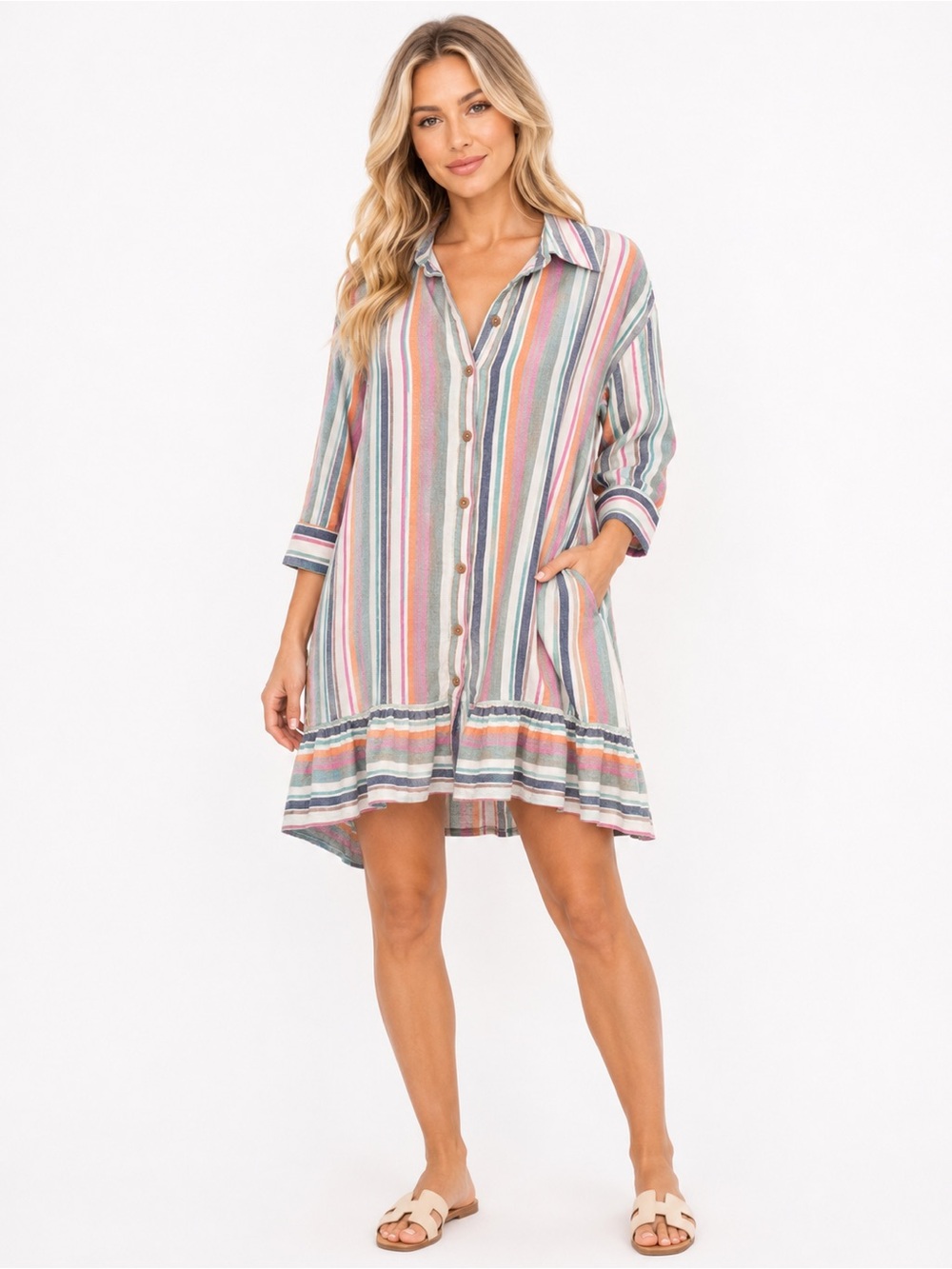 Entro Size Medium Striped Button-Front Shirt Dress in Pastel Multicolor